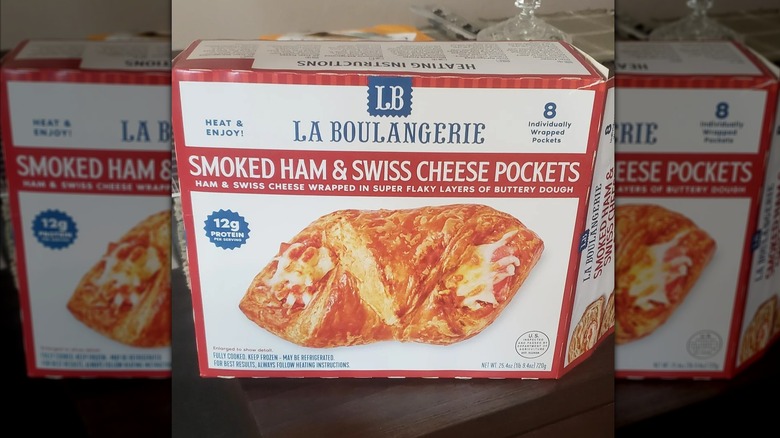 A box of La Boulangerie Smoked Ham Swiss Pockets