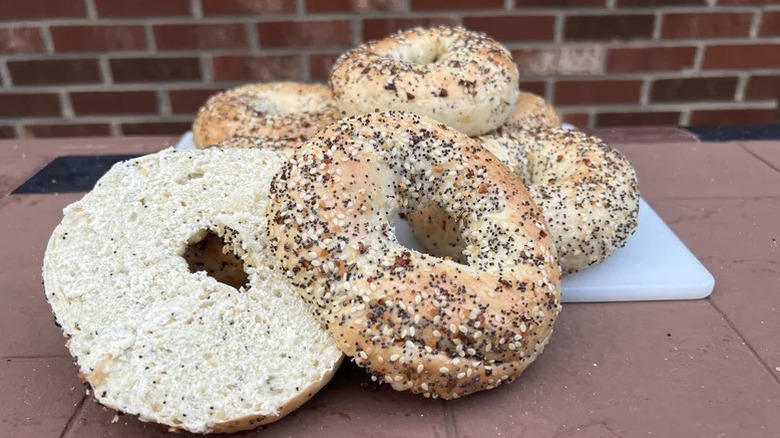 Everything bagels on a cutting board