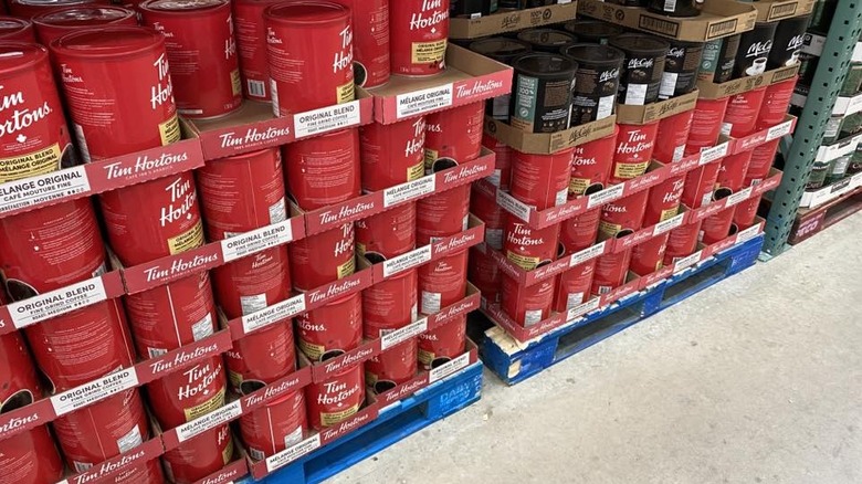 Stacks of wooden trays of Tim Hortons coffee in Costco