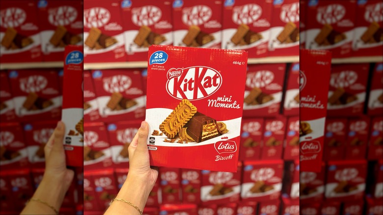 Mirrored image of hand holding Biscoff Kitkat in front of stocked shelves in Costco