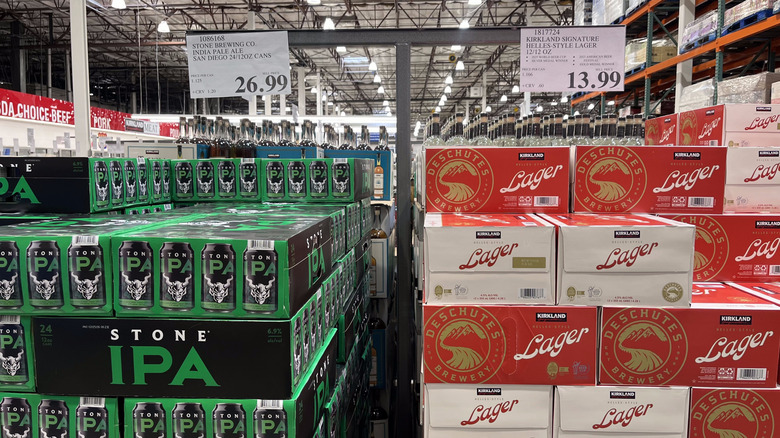 Two types of beer stacked in boxes at Costco
