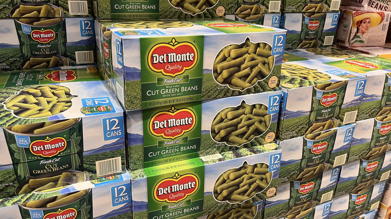 Boxes of canned green beans at Costco