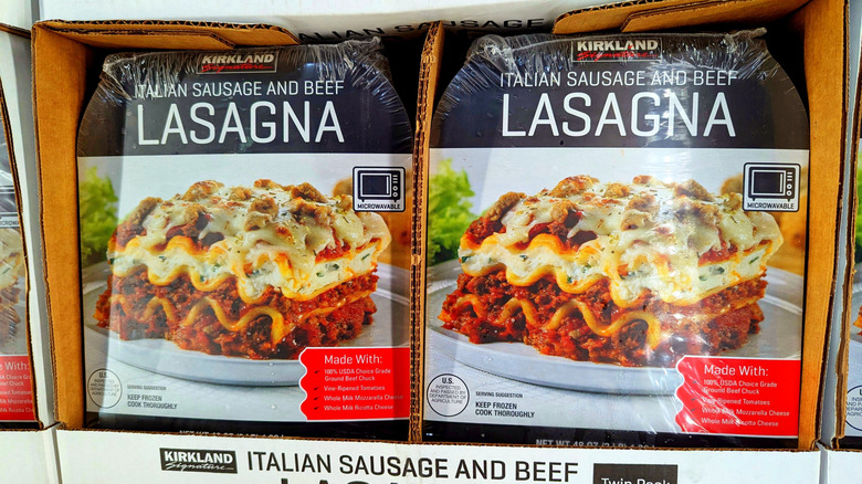 Packages of Kirkland Signature Italian sausage and beef lasagna