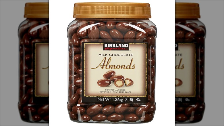 Kirkland Signature chocolate-covered almonds from Costco against a white background