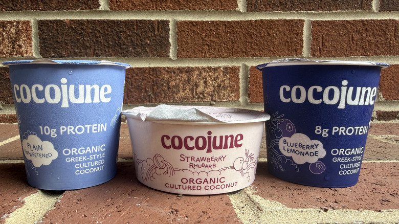 Three flavors of Cocojune yogurt lined up on brick surface, two tall and one short