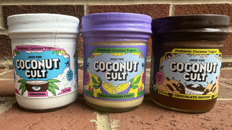 Three glass jars of Coconut Cult yogurt lined up on brick surface