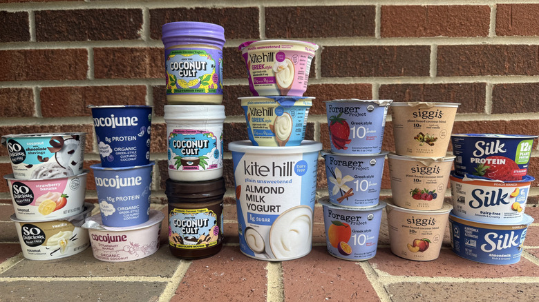 Seven brands of dairy-free yogurts, three products per brand, lined up against brick wall