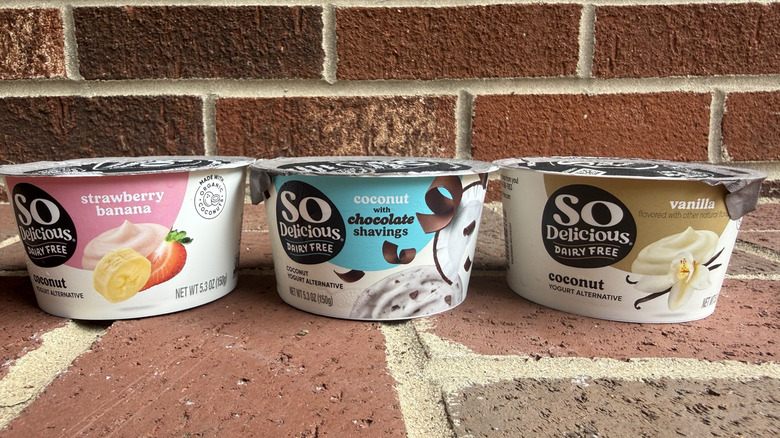 Three flavors of So Delicious dairy-free yogurt lined up on brick surface