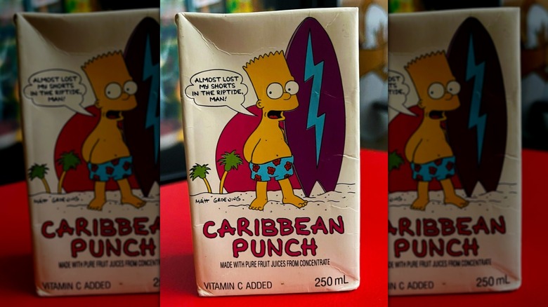 Mirrored image of Bart Simpson Caribbean Punch juice box on red table