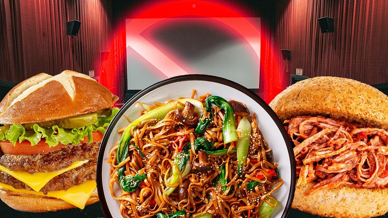 Double cheeseburger, Asian noodles, barbecue sandwich in movie theater