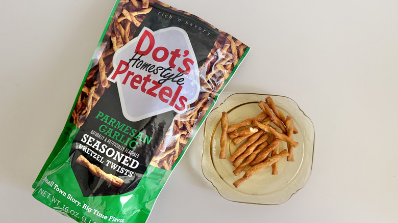Bag of Dot's Parmesan Garlic pretzels on a table