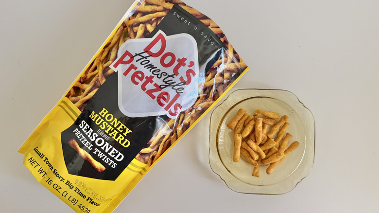 Bag of Dot's Honey Mustard pretzels on a table