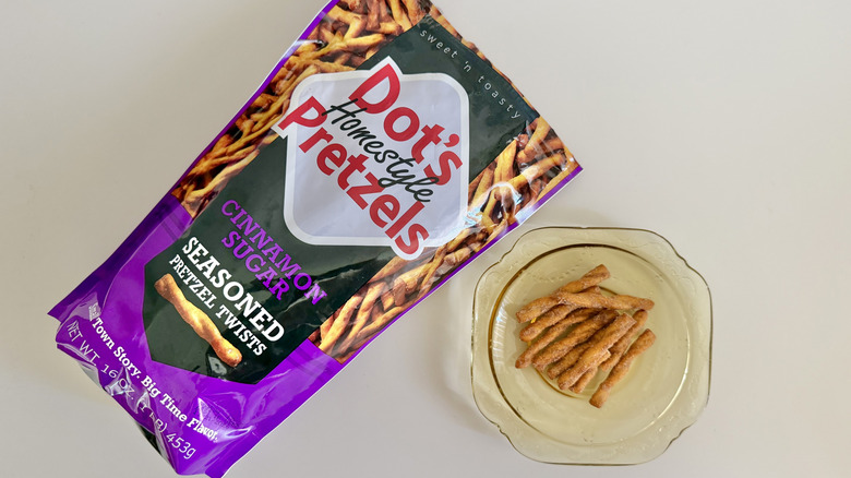 Bag of Dot's Cinnamon Sugar pretzels on a table