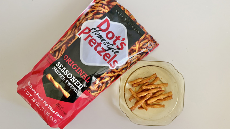 Bag of Dot's Original pretzels on a table