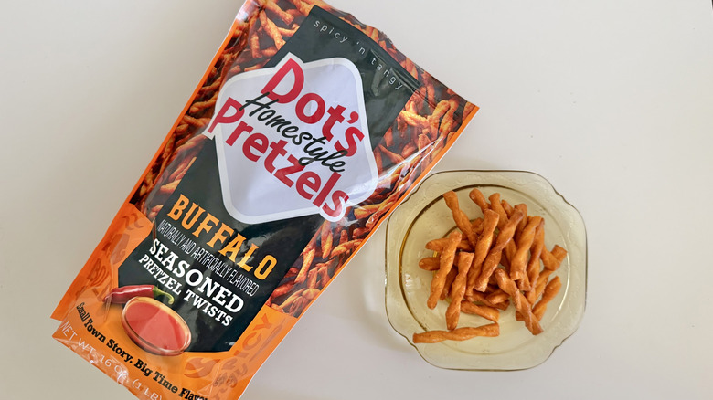 Open bag of Dot's Buffalo pretzels on a table