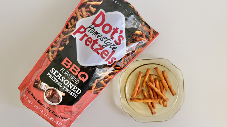 Bag of Dot's BBQ pretzels on a table