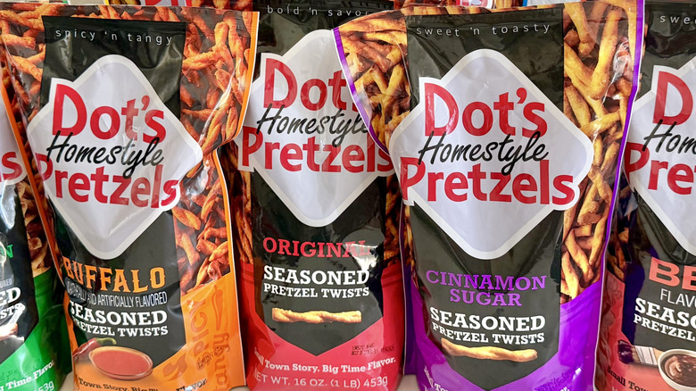 view of all Dot's pretzels on a table