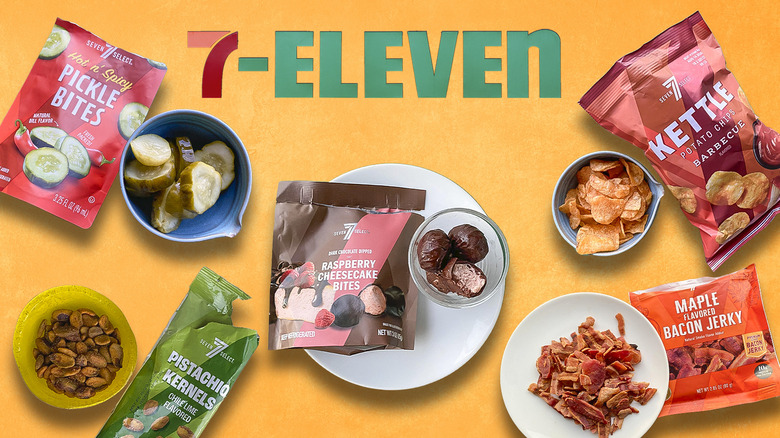 7-Eleven logo with different 7-Eleven-brand snacks on yellow background