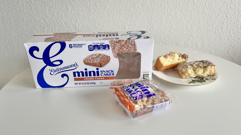 Entenmann's crumb cakes packaging and cake on plate