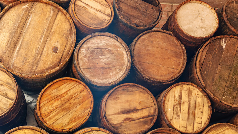 Oak barrels with spirits inside