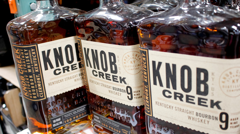 Several bottles of Knob Creek's 9 year-old bourbon whiskey on display