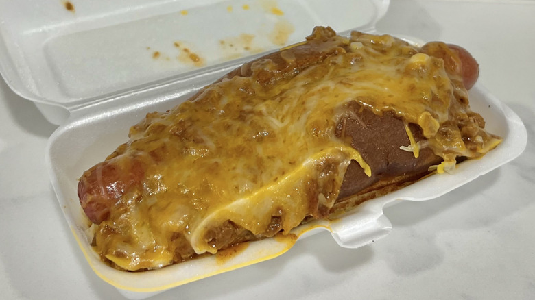 Freddy's Chili Cheese Dog in to-go box.