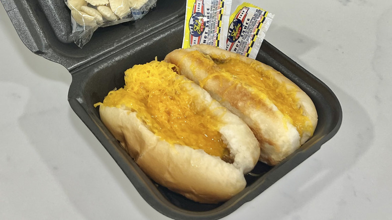 Two Skyline Cheese Coneys in to-go box.