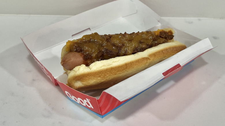 Dairy Queen Chili Cheese Dog in to-go box.