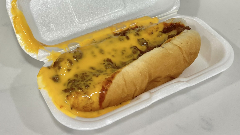 A&W Coney Cheese Dog in to-go box.