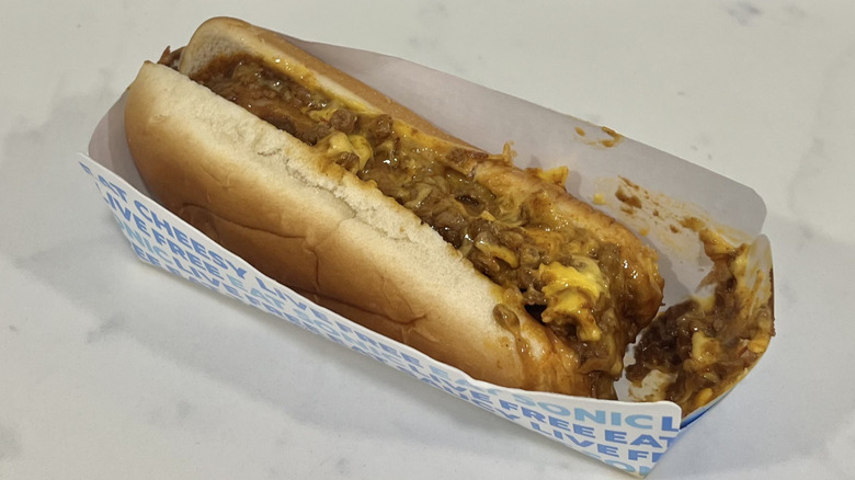 Sonic Chili Cheese Coney in paper basket.