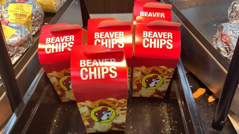 Red boxes labeled "Beaver Chips" in a display at Buc-ee's.