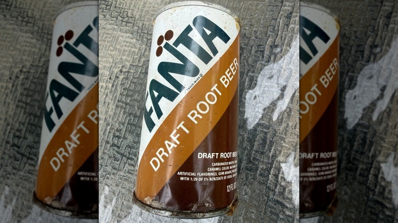 Fanta Root Beer vintage can on grey background, mirrored image