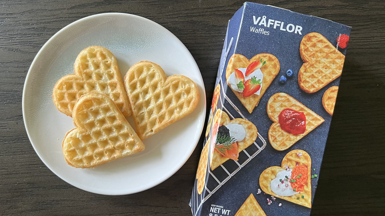 IKEA frozen heart-shaped waffles on a plate.