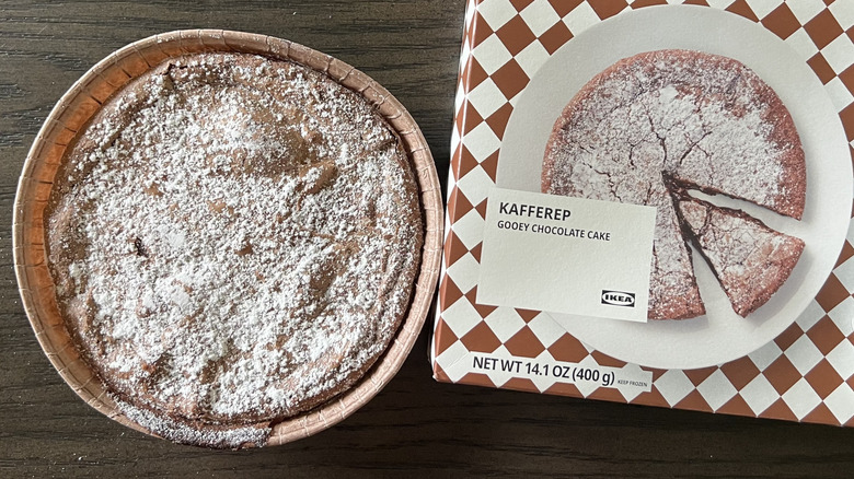 IKEA gooey chocolate cake with powdered sugar.