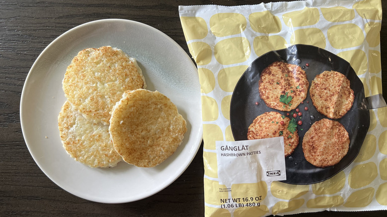 IKEA frozen hashbrown patties on a plate.