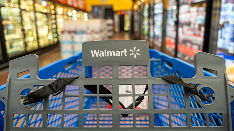 A close-up of a Walmart shopping cart in the frozen aisle.