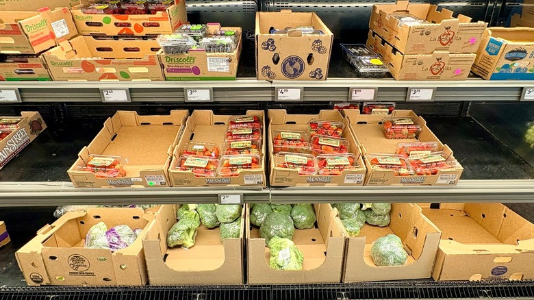 Aldi fruit and vegetables in boxes on the shelves