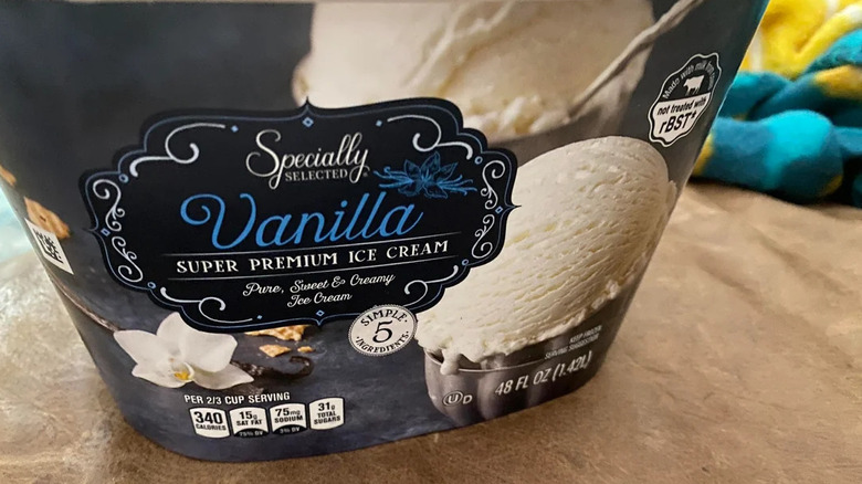 Close up of Aldi's Specially Selected Super Premium Vanilla Ice Cream on table