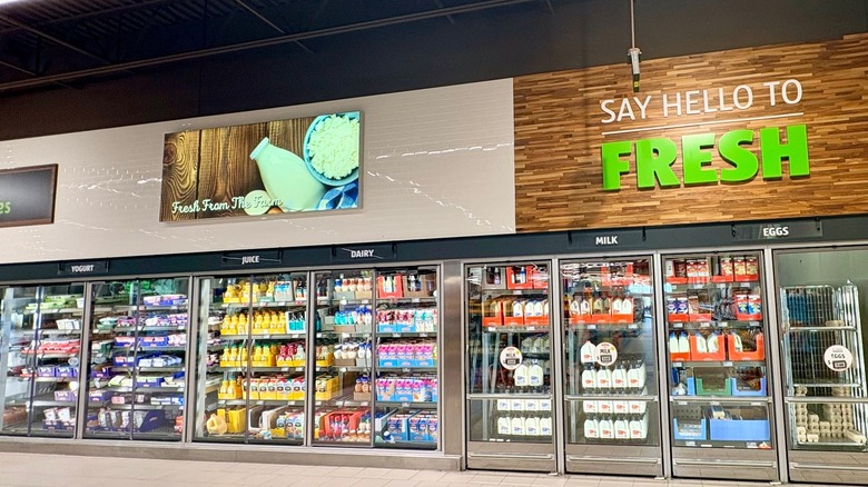 Aldi fresh section with yogurt juice, dairy, milk, and eggs