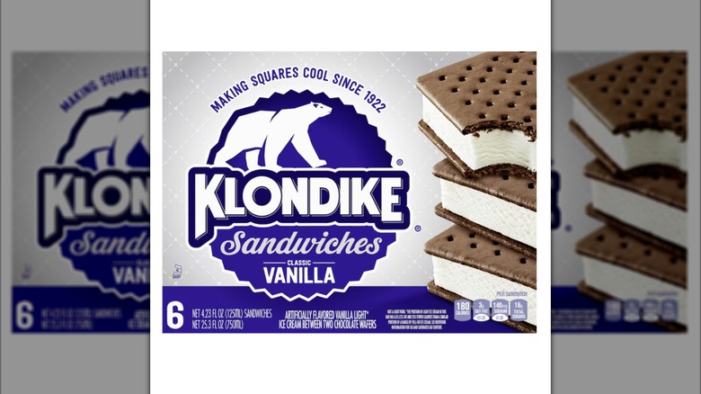 External packaging of a box of Klondike Vanilla Ice Cream Sandwiches