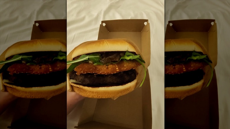 Hand holding Burger King Rosti Burger with box