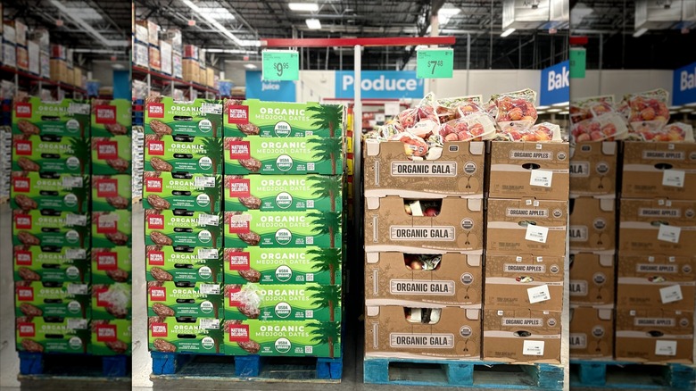 Dates and organic apples stacked in boxes at Sam's Club