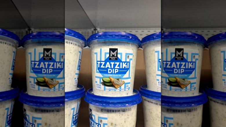 Member's Mark tzatziki dip stacked in fridge section