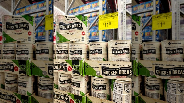 Stacked packages of canned chicken breast at Sam's Club