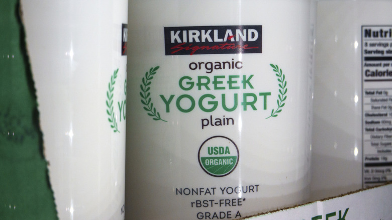 Close-up shot of Kirkland Signature organic Greek yogurt in tubs