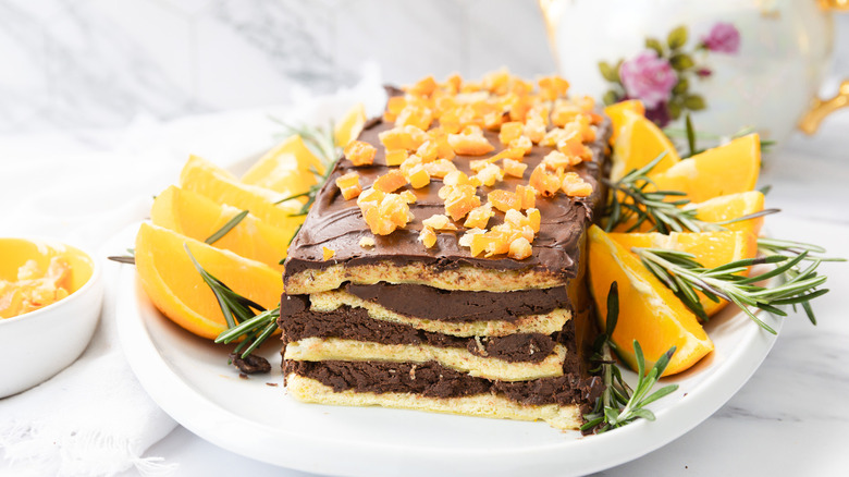 Close up on cut layers of 7-layer chocolate orange Passover cake