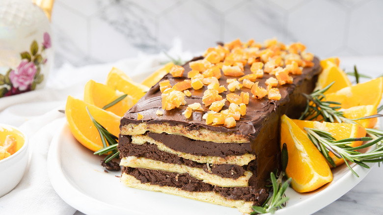 Close up on cut layers of 7-layer chocolate orange Passover cake