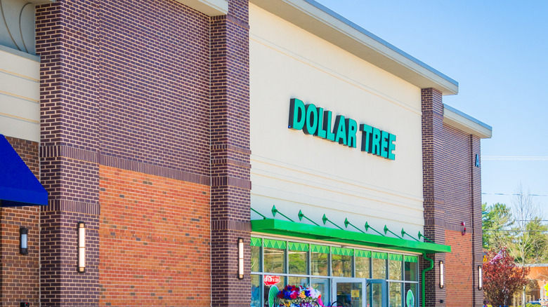 Brick Dollar Tree store with green sign and awning