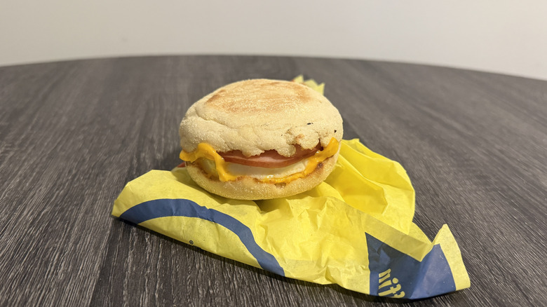 Canadian bacon, egg, and cheese on an English muffin