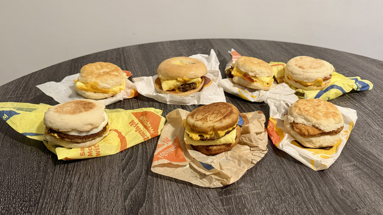 7 McDonald's breakfast sandwiches on table
